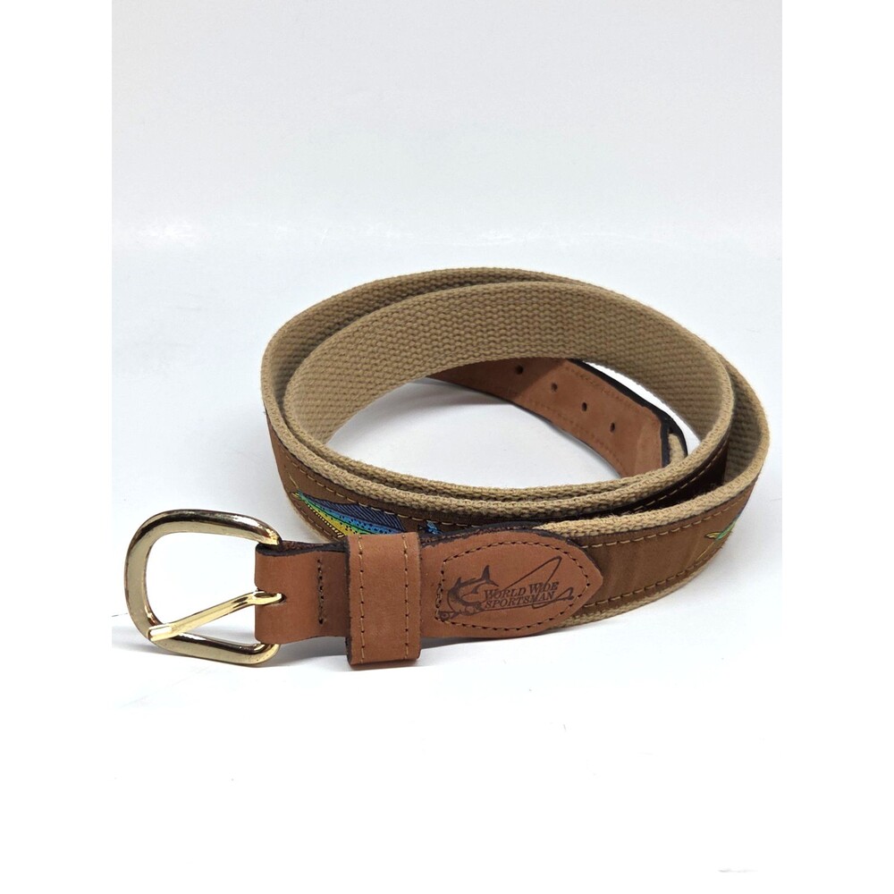 World Wide Sportsman Belt Brown Canvas & Tan Leather Fish Motif Size 44